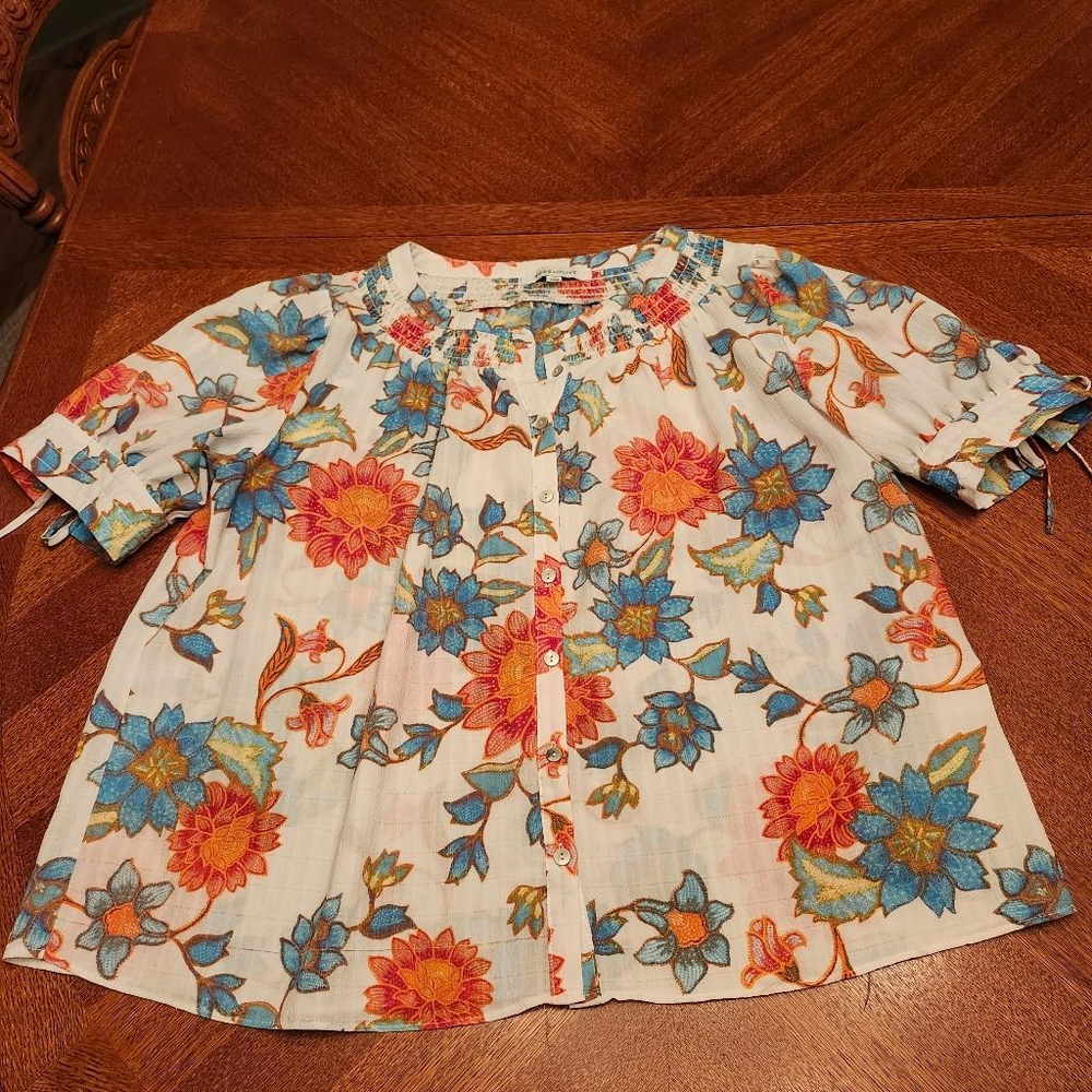 Women's ROSE+OLIVE White Floral Blouse M with Orange & Blue Flowers A2